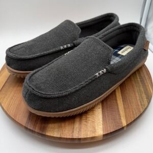 Dearfoams Mens Herringbone Moccasin Slippers Grey Plaid Lined Size Large 11-12